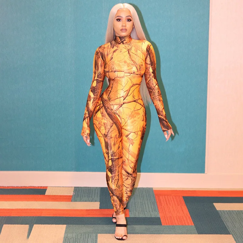 

Sexy Printing Night Club Jumpsuits Women Hot Slim Fitness Long Sleeve Sporty Turtleneck Jumpsuit Tight 2020 New Skinny Bodycon