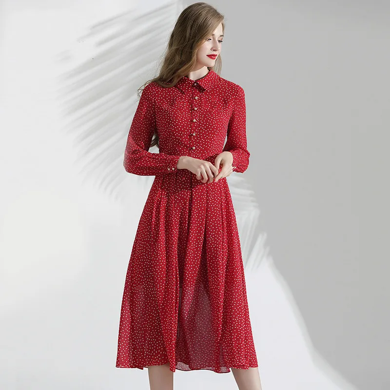 Длинное женское платье, осень M-XXL, новинка, красное, в горошек, маленький отложной воротник, длинный рукав, тонкая талия, элегантное шифоновое платье миди