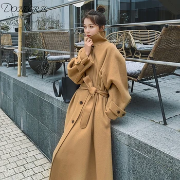 

Quality Winter Chic Ladies' Blue Long Handsome Stand Collar Single Breasted Waist Hugging Lace-up Big Hemline Woolen Over