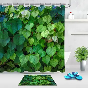 

Spring Plant Green Leaf Fabric Shower Curtains for Bathroom Doormat Waterproof Polyester Bath Curtain with Hooks Home Decor
