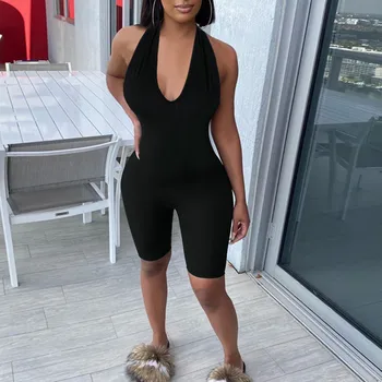 

Nadafair Pure Summer Backless Halter Playsuit Women 2020 Skinny Short Romper Outfit Sport Sleeveless Jumpsuit
