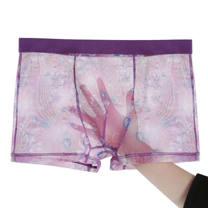 purple print Сексуальное полностью прозрачное Мужское нижнее белье боксеры шорты ледяное шелковое бесшовное белье дышащие Молодежные мужские трендовые трусы-боксеры - Color: purple print