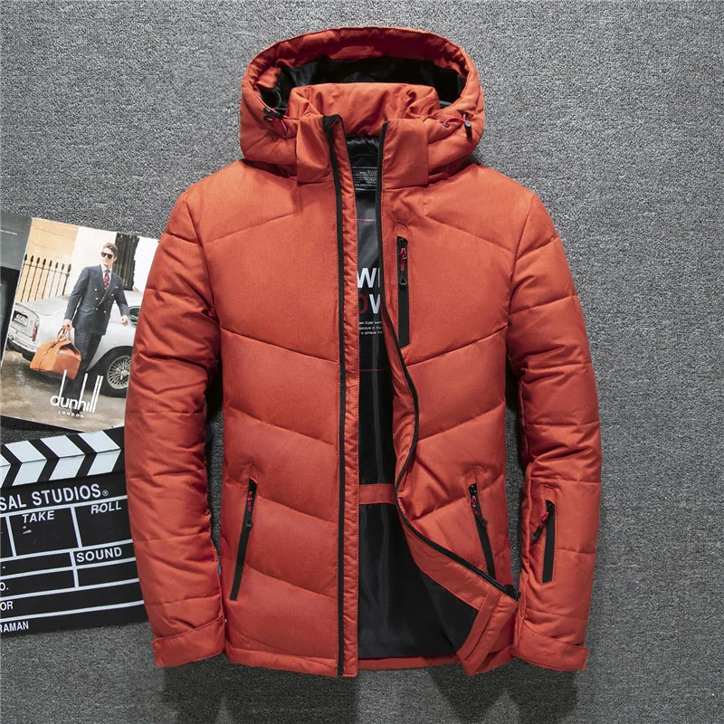 Мужская Роскошная зимняя куртка на утином пуху, пальто, ветрозащитная парка, повседневная куртка с гусиным пером, Мужская Толстая теплая водонепроницаемая куртка с капюшоном - Цвет: 8187 Orange