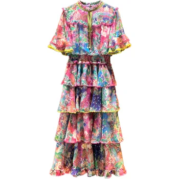 

Fashion woman 2020 new summer retro print dress Woman's long purple dress