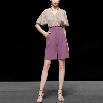 

Seifrmann Summer Women Fashion Runway Shorts Set Flare Sleeve Solid Loose Ladies Top + High Waist Shorts 2 Two Pieces Suits 2020