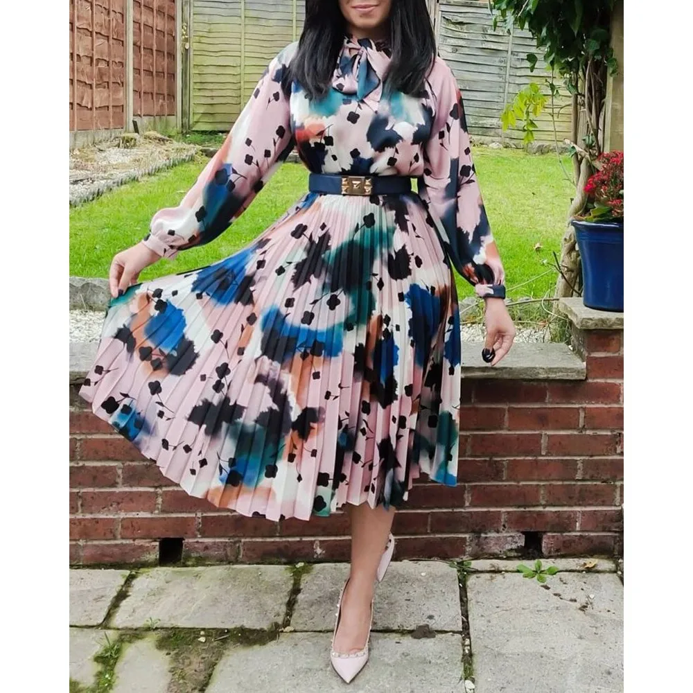 Long Sleeve High Waist Printed Midi Pleated Dress Women Party Dress Lady Office Work Wear Modest Classy Female Vestidos New 2021