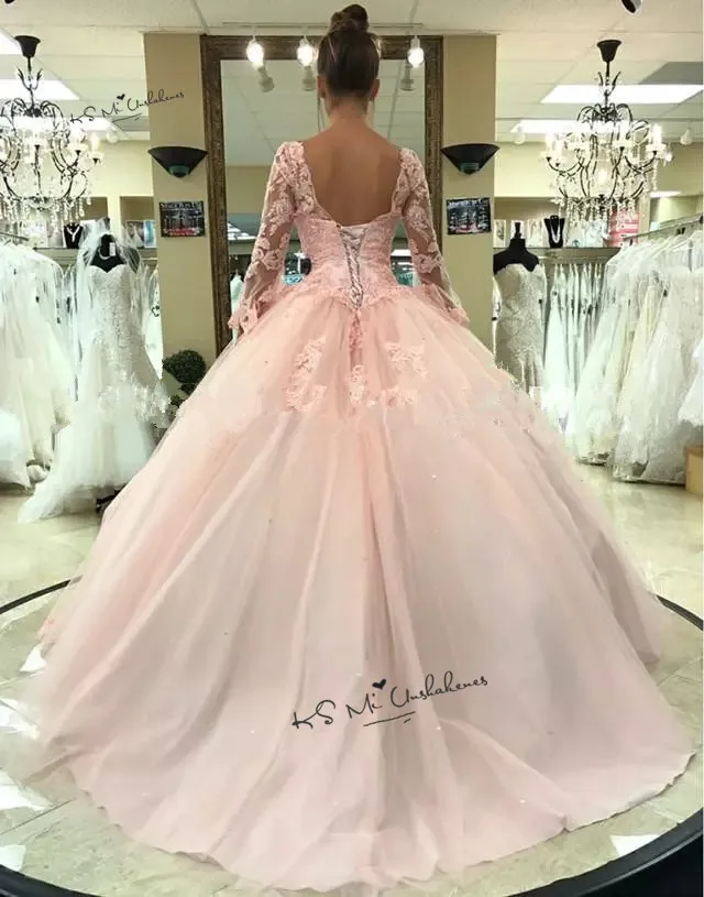 Sweet 16 Dresses Long Sleeve Lace Cheap Quinceanera Dresses Vestido de Debutante Para 15 anos Pink Ball Gowns Dress for 15