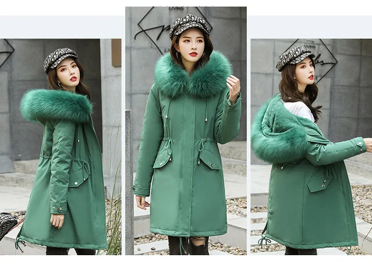 Sweet lady style large women rex rabbit fur liner fur coat long paragraph detachable fur collar women's jacket cotton clothing