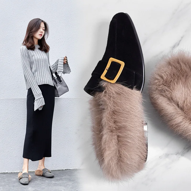 

2019 Spring New Style Fluffy Shoes Women's Outer Wear Flat Rabbit Fur Loafers Versitile Fashion Furry Moccosins