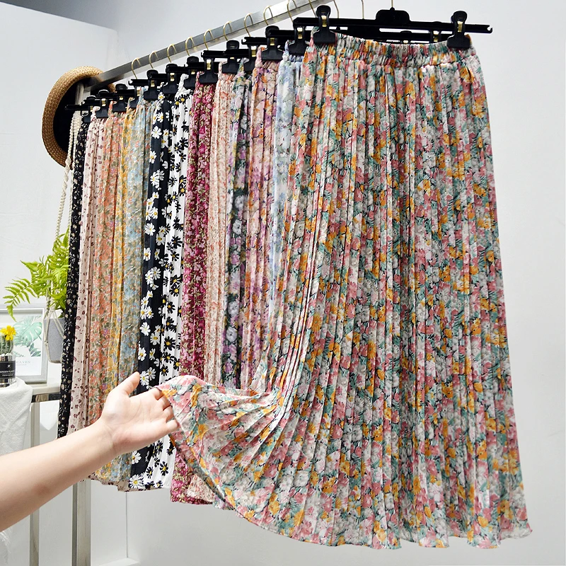 Summer Skirts Womens 2020 New Vintage Floral Print Chiffon Pleated Skirt Elastic High Waist Casual Midi Skirt Women Clothes Jupe 1