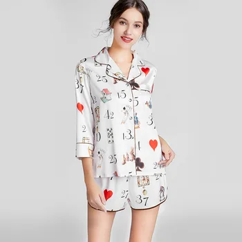 

Sexy Pajamas Women Cute Letter Print Pajama Sets Ladies Fashion Luxury Female Silk Nightwear Satin Woman White Sleepwear Suits