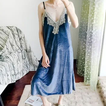 

Fashion Nightdress Autumn Velour Sexy Women's Nightgown Sleepwear Lace Night Dress Lingerie For Female Homewear