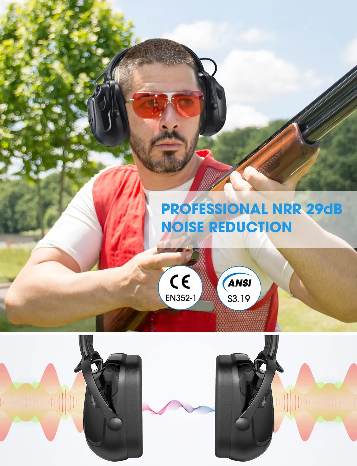 Mpow Bluetooth Noise Reduction Ear Muffs Headphones Safety NRR 29dB/SNR 36dB Adjustable Hearing Protection Ear Defender Headset