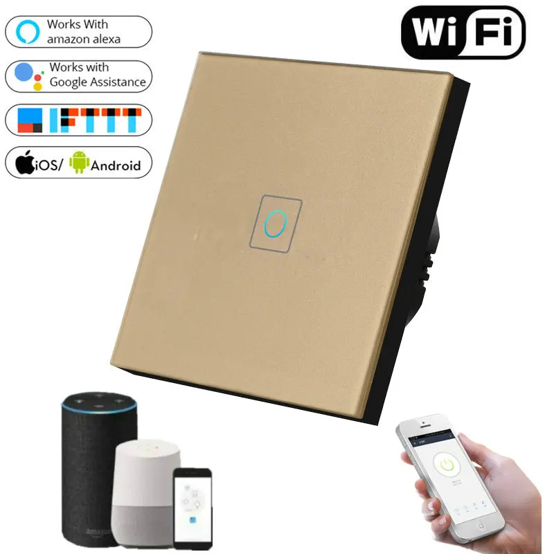wifi 1 gang gold ЕС Стандартный 1/2/3 Wifi умный светильник переключатель Стекло Экран сенсорный Панель голос Управление Беспроводной настенный выключатель для работы Alexa Google Home - Цвет: wifi 1 gang gold