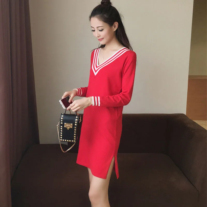 

Autumn And Winter Fashion V-neck Solid Color Dress Long Sleeve Mid-length Straight-Cut Skirt Brushed And Thick Hot Selling