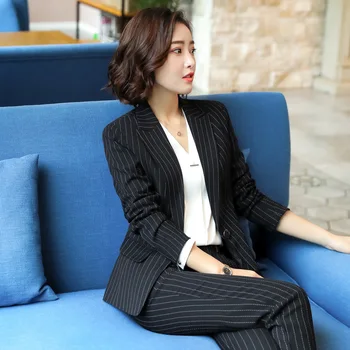 

Women's Suit 2019 Autumn New Casual Fashion Temperament Slim Thin Stripe Single Button Small Suit Suit Two-piece Set set