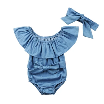 

2020 Summer Cute Baby Girls Romper Denim Rompers Set Sleeveless Jumpsuit With Headband 0-24M Children Kids Clothes Hot