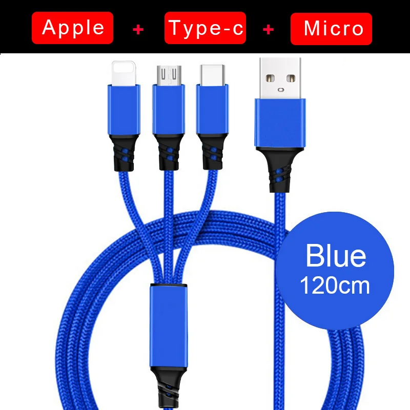 3 в 1 usbc Micro USB кабель для iPhone зарядное устройство 3A провод для быстрой зарядки для samsung Xiaomi type C мульти Android кабели для мобильных телефонов - Цвет: 3in1 1.2m Blue
