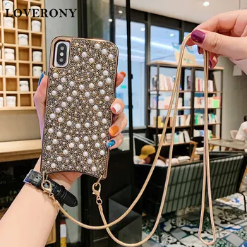 

LOVERONY Girls Pearl Glitter Phone Case For iPhone 11 Pro MAX XS XR 7 8 Plus Metal Chain Lanyard Protective Cover Phone Bag Capa