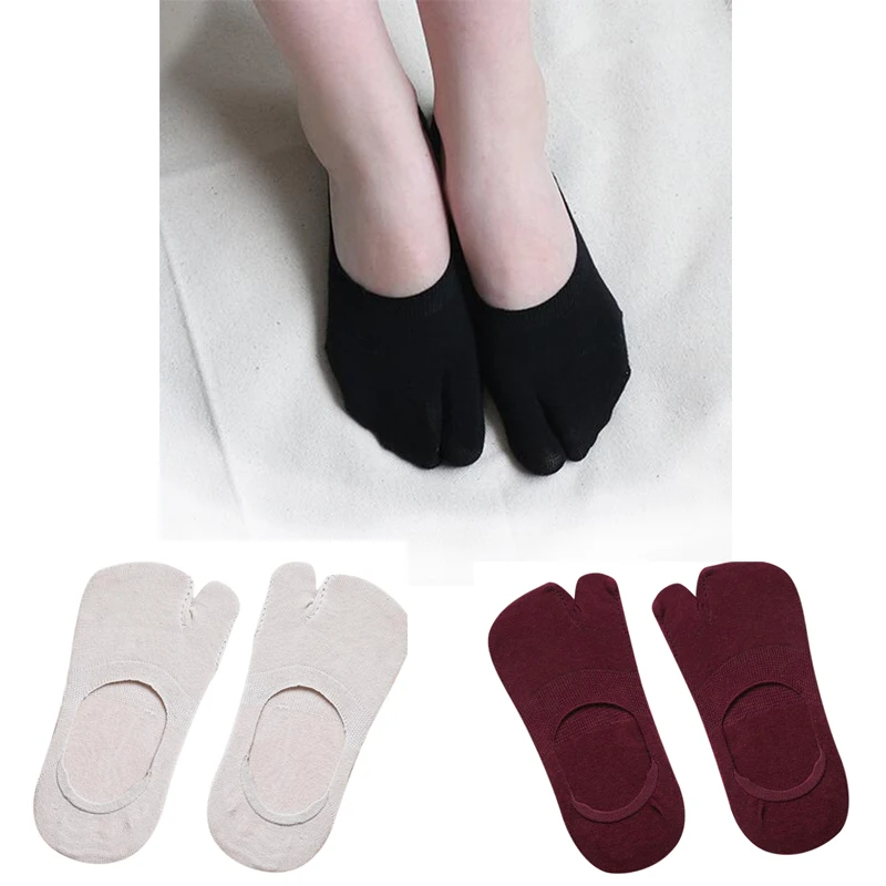 

Женские носки без показа, 1 пара, Нескользящие короткие носки-башмачки, летние однотонные Японские Женские носки с 2 пальцами