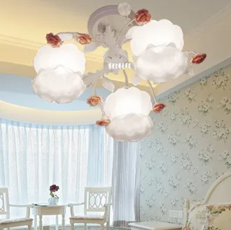 

European-style garden living room Romantic Restaurants white wrought iron pink ceramic flowers glass lampshade Ceiling Lamp c133