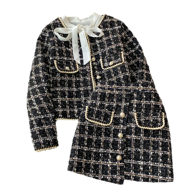 2024 Autumn 2 Pieces Set Elegant Fashion Vintage Plaid Tweed Long