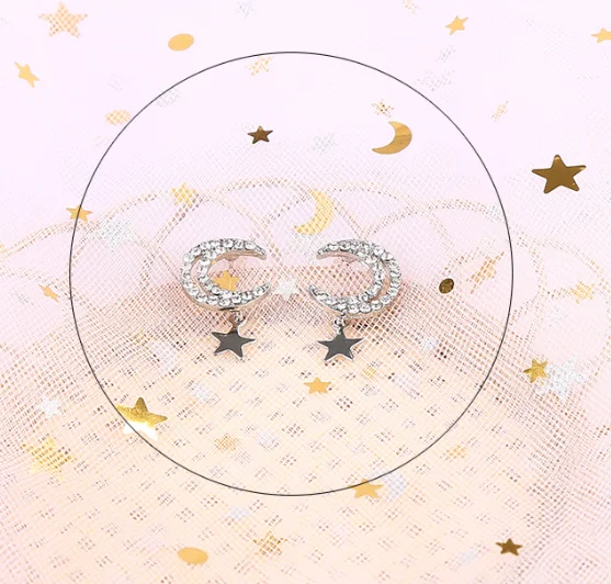Silver S925 Серебряные игольчатые серьги, простые, оригинальные, лунные, полые серьги, сплав, блестящие, с бриллиантами, звезды, для девочек, сердце, украшения - Цвет: Silver