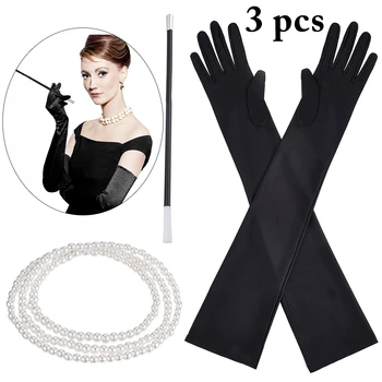 

3PCS/Set 1920s Costume Accessories Retro Fake Pearl Necklace Long Gloves Cigarette Holder Party Cosplay Jewelry Accessories