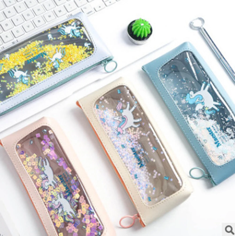

1 Pcs Creative Transparent Quicksand Pencil Case Waterproof Leather Pen Bag Simple Unicorn Pencil Bag Studen Stationery Supply