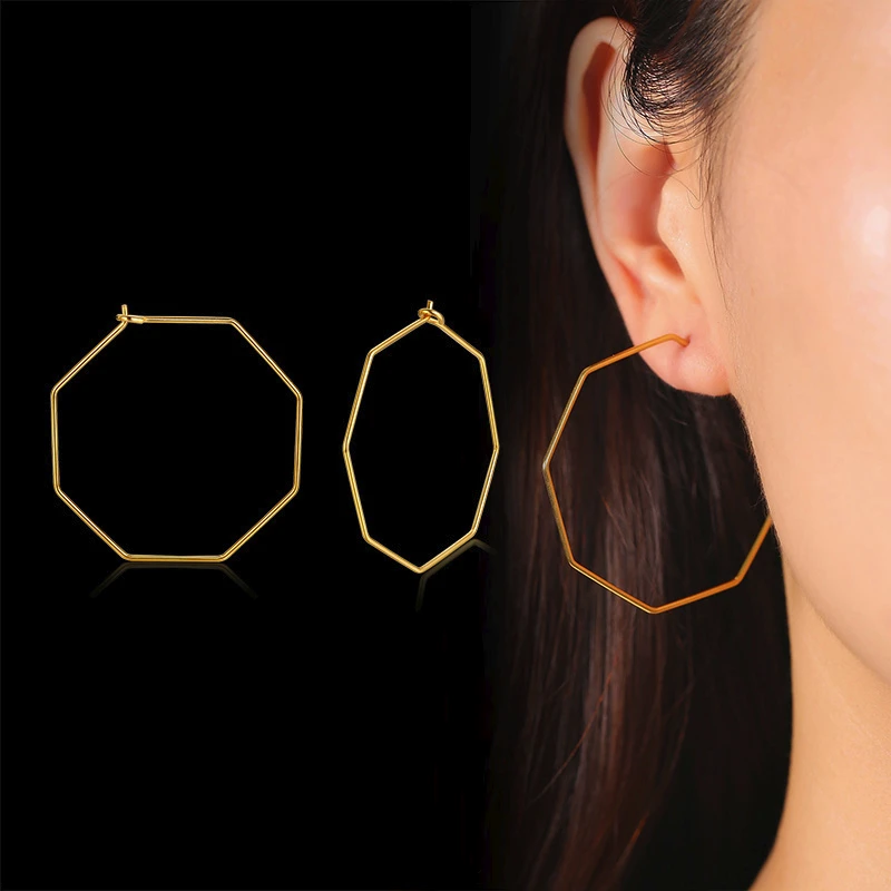 Vnox Varies Geometric Shape Oversize Hoop Earrings for Women Solid Gold Tone Stainless Steel Hexagon Square Round Circle Brincos