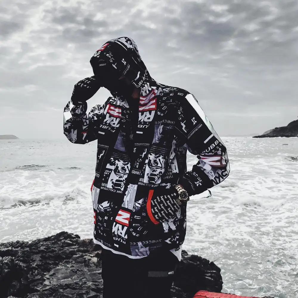 discount  Harajuku Color Block Jacket Streetwear Mens Hip Hop Windbreaker Jacket Printed Street Dance Jacket 