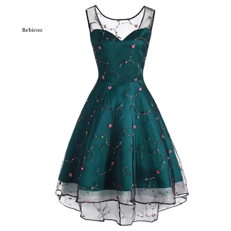 

Women Floral Embroidery Mesh Party Dress Blue Green Lace Up Bandage High Low a Line Ladies Dresses Elegant Retro Vintage Dress