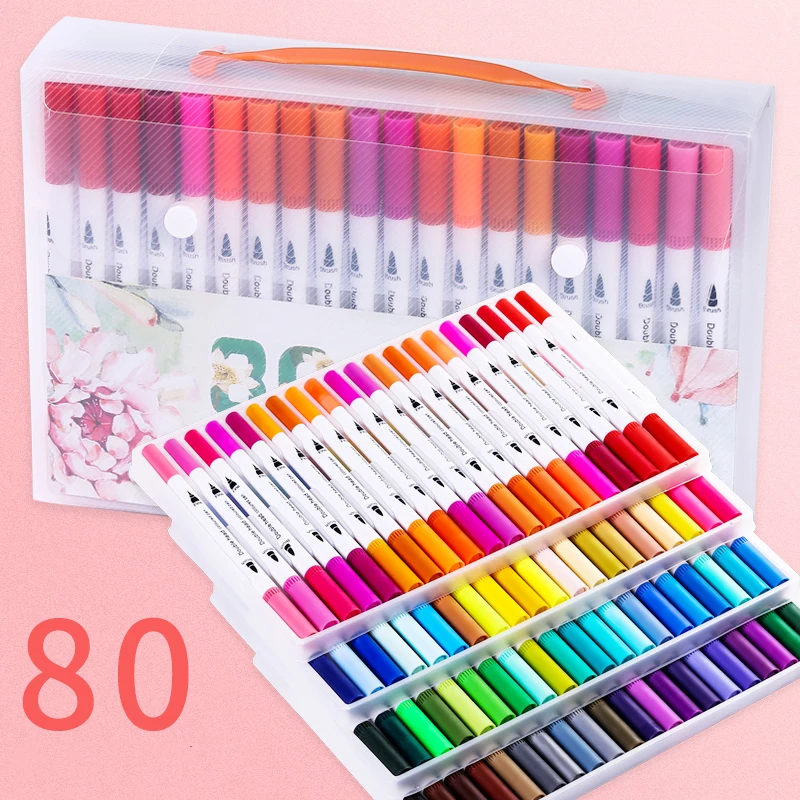 80 Colors 100 шт цветные ручки, два кончика, кисть, маркер, ручка, акварель, тонкая подводка, художественные маркеры для раскрашивания, рисования, каллиграфии - Цвет: 80 Colors