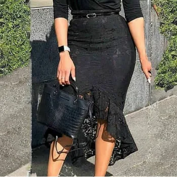 

2020 Women Black Lace Skirt High Waist Slim Modest Classy Irregular Length Female Package Hip Office Elegant Fashion Skirts