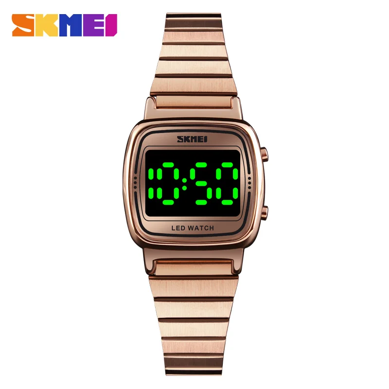 SKMEI Ultra Thin Luxury Women's Silver Stainless Steel Watches Women Fashion LED Digital Dress Business Wrist watch Reloj Mujer - Цвет: Rose gold
