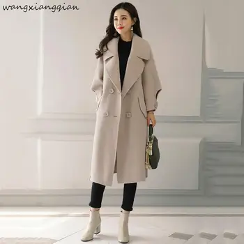 

Women Double-breasted Overcoat Long Sleeve Turn-down Collar Slim women's Woolen Coats Spring Windproof long Warm Jacket B183