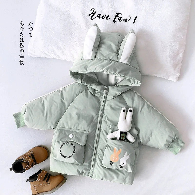 Детские куртки с хлопковой подкладкой; одежда с капюшоном и рисунком кролика; зимнее пальто для маленьких девочек; теплое пальто на молнии для малышей