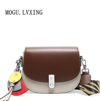 

100% leather handbags New saddle bag contrast color bag female models wideband Messenger bag retro wild leather handbags