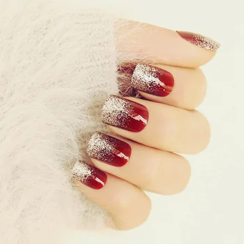 

24Pcs Fashion Wine Red False Nails Glitter Silver Fake Nails Full Cover Acrylic Nails DIY Manicure Tool square press on nails
