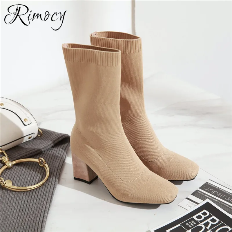 Skup Rimocy dzianinowe buty 2019 wiosna modna skarpeta buty damskie kwadratowe wysokie obcasy buty kobieta do połowy łydki botines mujer slip on botas