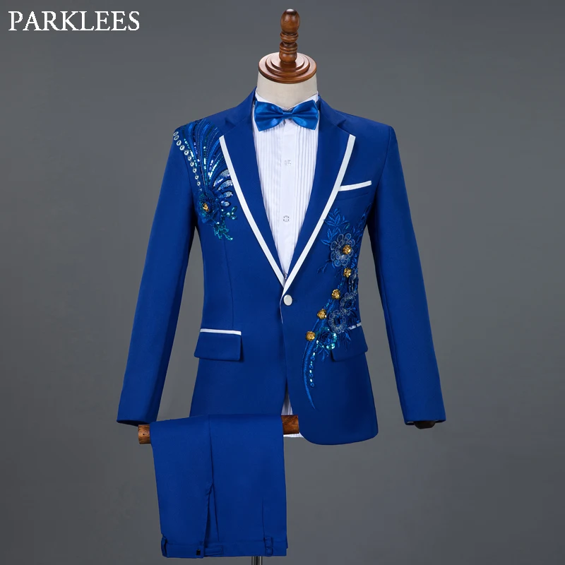 Mens Suit Red Diamond Floral 3 Piece Blazer+Pant+Bow Tie Fashion Tuxedo For Wedding Stage Costume