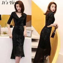 Это YiiYa платье для выпускного вечера Черное Русалка v-образным вырезом длиной до середины икры Платья женские вечерние с рукавом до локтя сияющее платье для выпускного вечера с блестками K145
