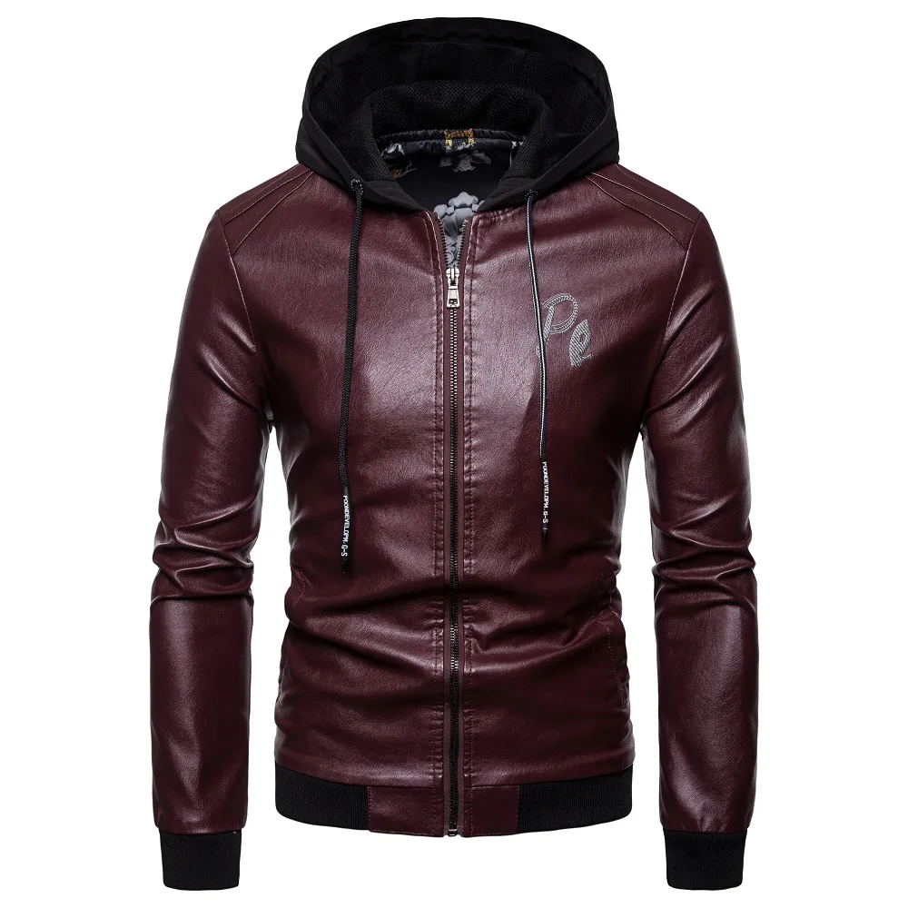 Мужская кожаная куртка, новинка, мотоциклетное тонкое кожаное пальто, мужской британский стиль, модное кожаное пальто с капюшоном - Цвет: Бургундия