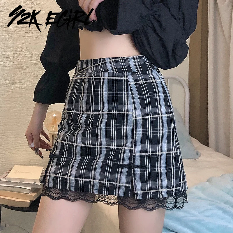 Y2k Egirl Pastel Goth Lace Trim Plaid Skirts E Girl Aesthetics High Waist Bow A Line