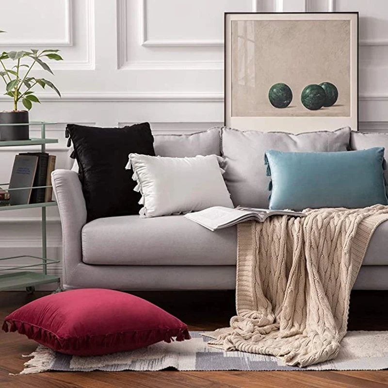 Inyahome Water Blue Velvet Soft Solid Decorative Throw Pillow Cover with Tassels Fringe Boho Cushion Case for Couch Sofa Bed 6