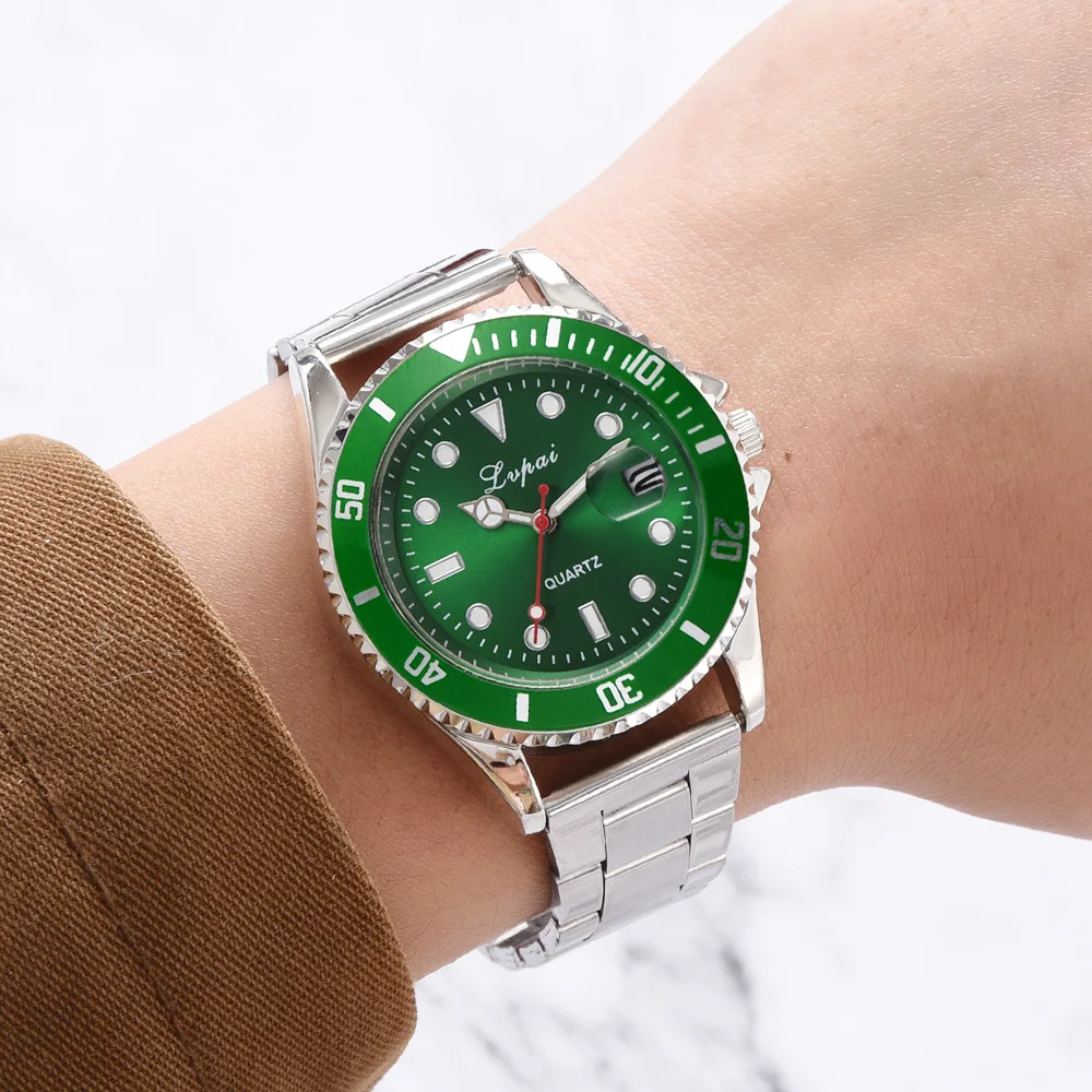

Men Quartz Calendar Wristwatches Luxury Rolexable Stainless Steel Waterproof Clock Male Fashion Green Dial Watch reloj hombre