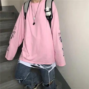 

Pink Loose T-shirt Men tshirt Streetwear Autumn Solid t shirt Cool Printed Casual Long Sleeve Tops Tee Japan T shirts Men Women