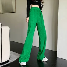 2021 autumn and winter new green split wide leg pants women's fashion high waist corduroy straight casual sports long pants bing