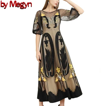 

2020 spring summer fashion women dress runway style floral embroidery half sleeve long dress party dress