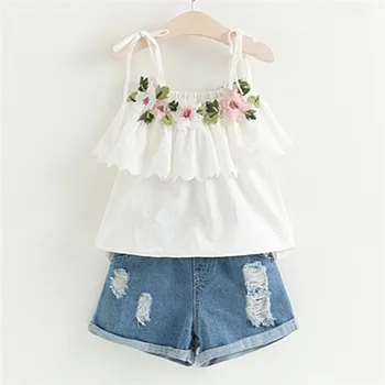 

New Fashion Toddler Kids Baby Girl Outfits Clothes Embroidery T-shirt+Denim Shorts Jeans Set 2020